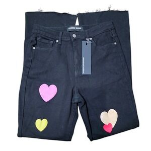 Rockstar Original All‎ Love To Me Black Super Stacked Heart Jeans Raw Hem Sz L
